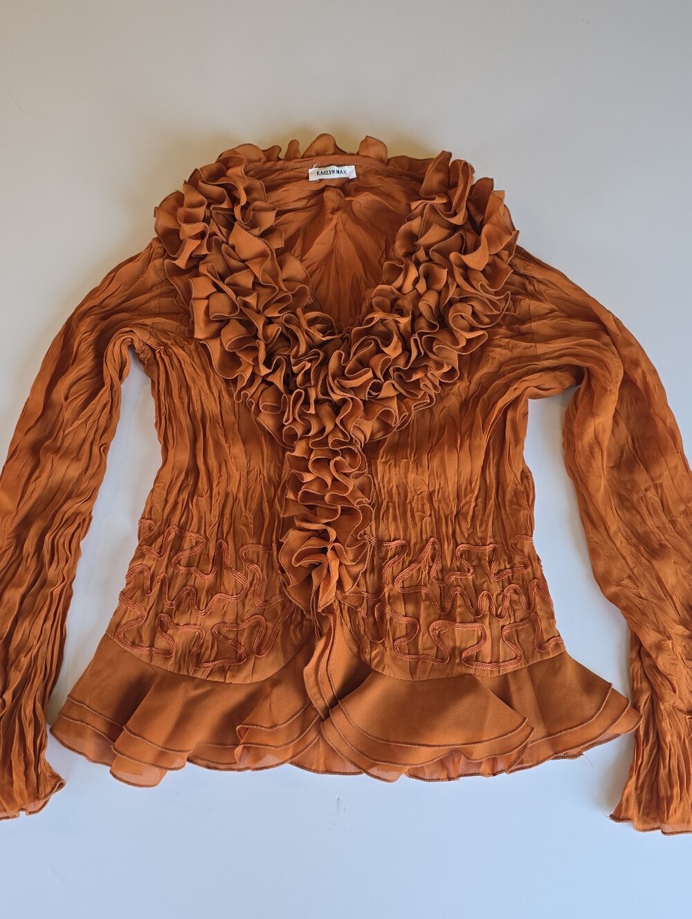Kaelyn-Max Orange Solid Ruffle V-Neck Long Sleeve Blouse Women’s S,  Polyester
